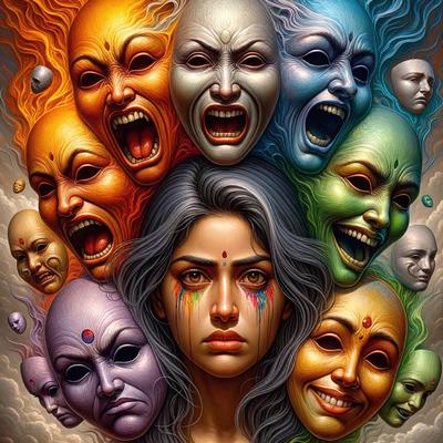 The primary subject of the image is a woman with a tear on her face, surrounded by a group of faces. The setting is a colorful, artistic background that features a mix of faces and masks. The visual style is a combination of digital art and illustration, creating a vibrant and dynamic scene. The colors and mood of the image are predominantly warm and emotional, with the woman's tear and the various faces and masks evoking a sense of empathy and connection.